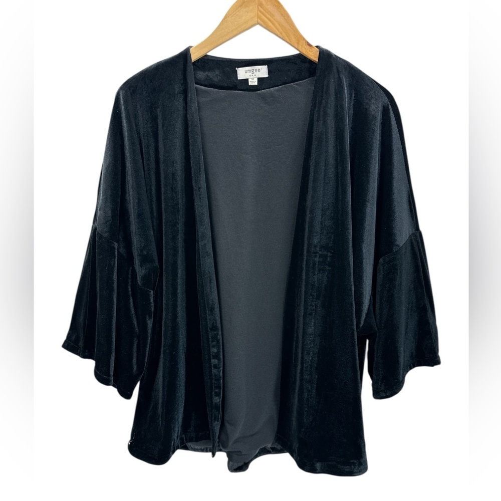 Umgee Black Velvet Kimono Jacket Open Front‎ Cropped Boho Luxe Holiday Layer M